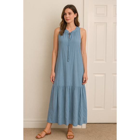 Women’s Sleeveless Maxi Dress Blue Sz S Tiered Boho Coastal Cruise Resortwear - Picture 2 of 8